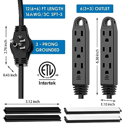 K KASONIC 12 FT Twin Extension Cord Power Strip, 3 Prong Flat Plug, Black - color: Black