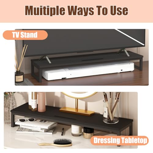 Dual Monitor Stand Riser, 38.7'' Long Wood and Steel Monitor Stand for 2 Monitors, Ergonomic Desktop Organizer with Tablet Stand for Computer,Laptop,TV (Black)