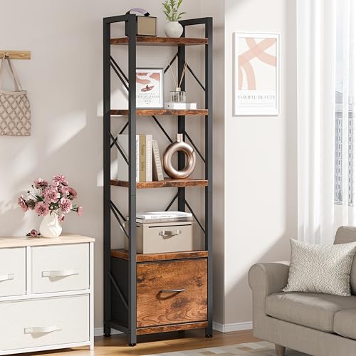 Shintenchi Bookshelf, 5 Tier Bookcase with Drawer, Modern Tall Bookshelves Storage Organizer, Industrial Book Shelves for Bedroom, Living Room, Office, Rustic Brown - size: 15.5'' W x 10.7'' D x 56.1'' H-1 Drawer