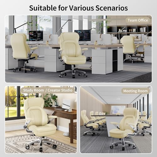 Big and Tall Office Chair, Heavy Duty Desk Chair with 5D Arms, Adjustable Lumbar Support & Height, Tilt Function, PU Leather High Back Ergonomic Executive Computer Chair - color: Beige