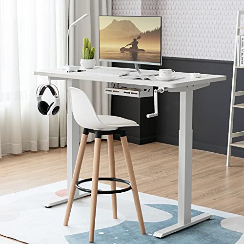 Sit to Stand Workstation Frame, Manual Height Adjustable Standing Desk Frame w/ Foldable Hand Crank, Cable Tray & Hanging Hook, Adjustable Footpads, Ergonomic Desk Frame for Home Office, Black (WHITE) - color: White