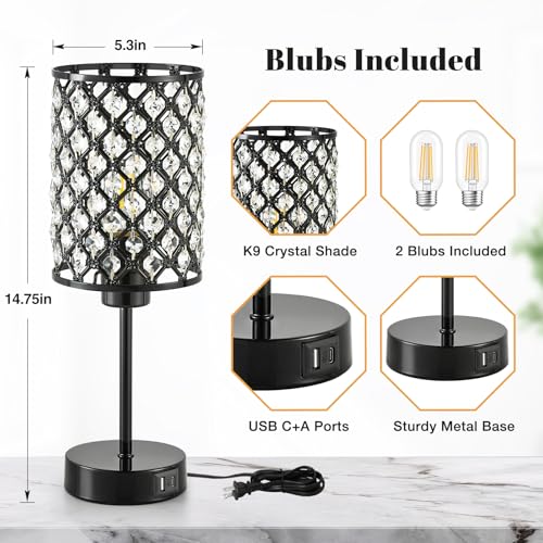 GyroVu Black Crystal Bedside Table Lamps Set of 2 with USB C+A Ports - color: Black-2, size: 14.75"
