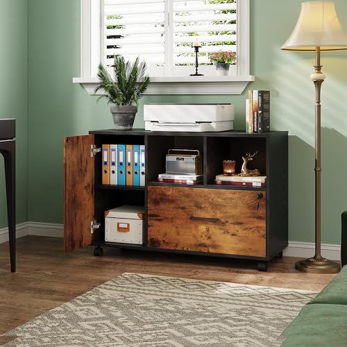 DEVAISE Printer Stand with Storage, Mobile Wood File Cabinet, Rustic Brown - color: Rustic Brown, style: Modern