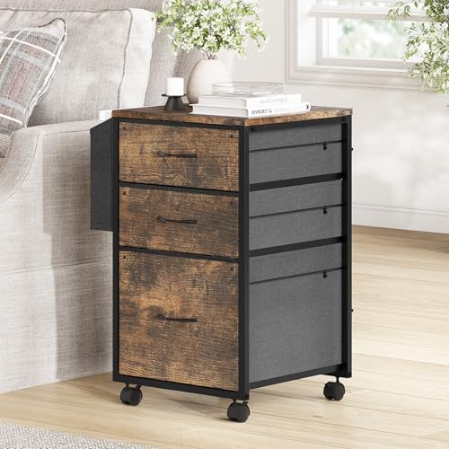 VINGLI 3 Drawer File Cabinet with Side Bag, Rolling File Cabinet Mobile Under Desk File Cabinet with Wheels, Fabric Drawers Printer Stand for Home Office, Fits Letter Size, Rustic Brown - color: Rustic Brown, size: Small 3 Drawers