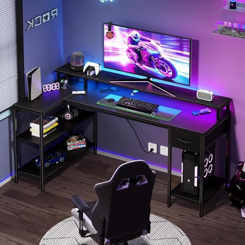 Alpen L Shaped Gaming Desk, 47 Inch Computer Desks with Drawers, Corner Desk Gaming Table with LED Lights & Power Outlets, Monitor Stand, Home Office Desk for Living Room, Bedroom, Black - color: Black, size: 47 Inches with LED Lights