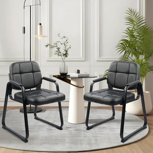 CLATINA Waiting Room Guest Chair, Leather Stationary Office Reception Chairs No Wheel, Comfy Padded Arms and Seld Base, for Conference Room Lobby Home Computer Desk Bedroom Elderly, Black - color: Inky, size: 1 Pack