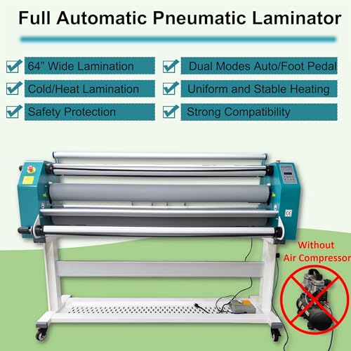 64" Full Automatic Pneumatic Laminating Machine, 110V Single Sided Laminator, 1.38" Max Thickness, Hot & Cold Roll Laminator with Foot Pedal & 4 Cutters, for Advertising, Printing, Packaging