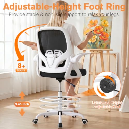 ORRSAKER Drafting Chair, Tall Office Chair with Flip-up Arms, Mesh Ergonomic Computer Standing Desk Chair with Adjustable Height Foot Ring and Lumbar Support, 300 LBS Capacity, White - color: White