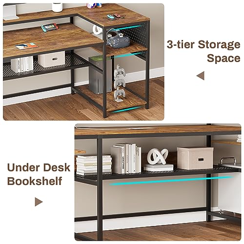 SEDETA L Shaped Computer Desk, Reversible Computer Desks, L Shaped Desk with Power Outlets & LED Strip, Monitor Shelf, Keyboard Tray, Pegboard and Storage Shelves for Home Office, Rustic Brown - color: Rustic Brown