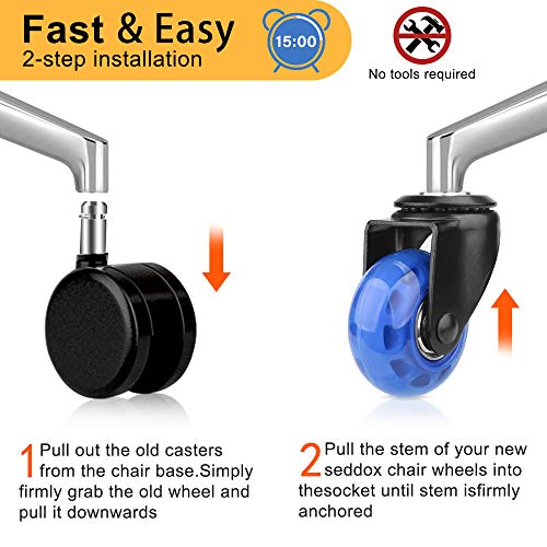 Office Chair Caster Replacement Wheel for Hardwood Floor and Carpet,2" Heavy Duty Universal Floor Safe Caster Set of 5,Rubber Wheels Office Chair to Replace Office Chair mats,fits 98% Chairs - color: Blue