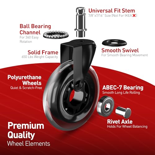 RIVEDA Office Chair Caster Wheels Set of 5 - Smooth 3 inch Heavy-Duty Replacement Rubber Wheels for Gaming & Desk Chair - Easy to Install, Suitable for Hardwood Floors, Carpet, Tiles (Clear) - color: Clear