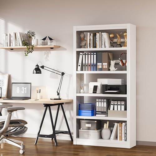5 Tier Metal Bookcase,69'' Tall Heavy Duty Bookshelf with Open,White Large Adjustable Bookshelves,Sturdy Modern Heavy Duty Display Bookcases for Library,Office,Study Room,Living Room - color: White, size: 69" New