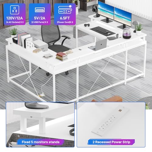 U Shaped Desk Gaming Desk with LED Light & Power Outlet, 79 Inch Reversible l Shaped Computer Table for Small Space, Easy to Assemble - color: White