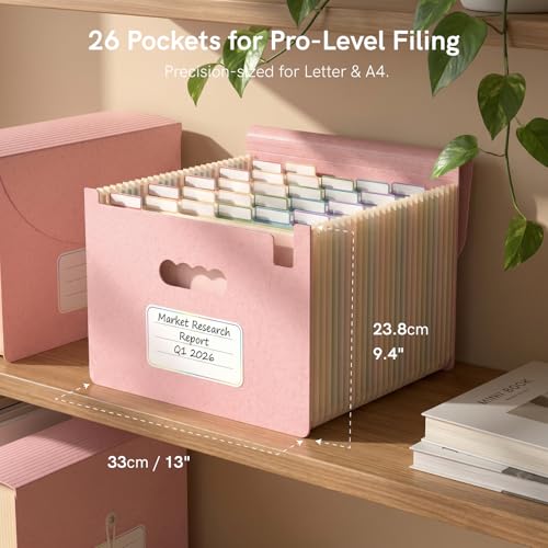 ABC life 26 Pockets Accordion File Organizer, Blush Pink | Expanding File Folder for Letter/A4 Size, Portable Document Holder with A-Z Tabs for Tax Receipt, School, Home, Office - color: Blush Pink