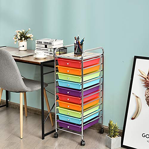 GOFLAME 10-Drawer Rolling Storage Drawer Cart, Utility Cart with Removable Drawers & Metal Frame, Mobile Art Craft Drawer Cart with Lockable Wheels for Home, Office, Studio, School, Multicolor - color: Multicolor, size: 10-Drawer without Wood Top