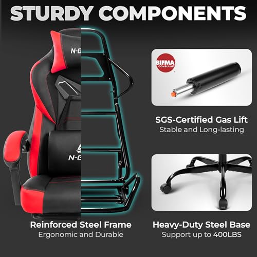 N-GEN GAMING Gaming Chair Big and Tall Computer Heavy Duty Office Desk Chair with Footrest Ergonomic Lumbar Support High Back Recliner for Adults (Red) - color: Red