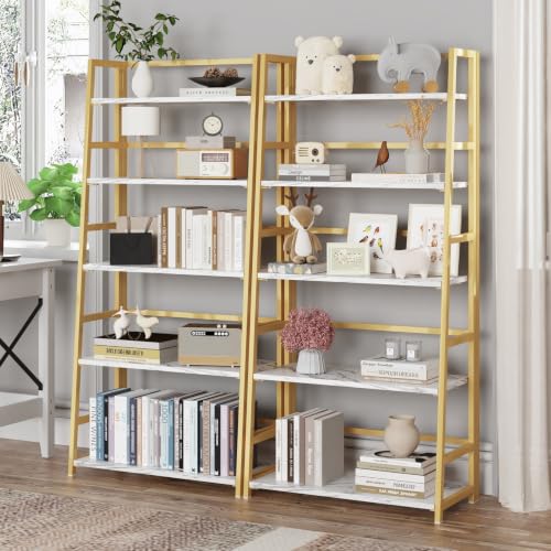 JSB 5 Tier Bookshelf, No Assembly Folding Ladder Bookshelf, 51.6in Tall Foldable Ladder Shelf, Bookcase for Home Office, Living Room,Space-Saving (White & Gold, 5 Tier) - color: White & Gold