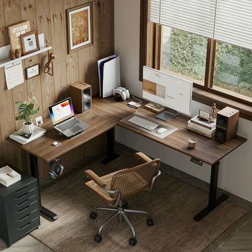 Agilestic 63 x 55 Inch L Shaped Electric Standing Desk, Dark Walnut - color: Dark Walnut, size: 63x55 Inch