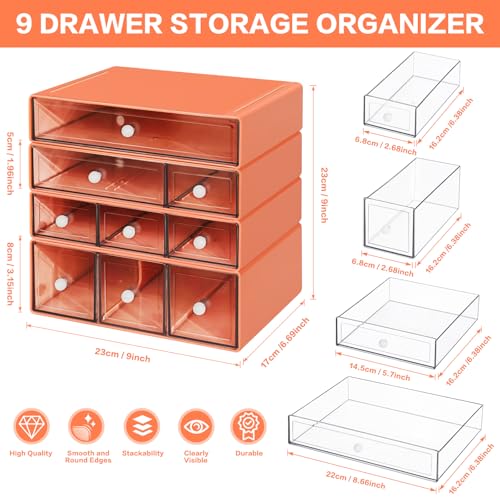 Desk Storage Organizer with 9 Drawers, 4 Tiers Stackable Desktop Craft Storage Drawers, Clear Storage Box Caddy for Stationary Makeup Jewelry Office Craft Supplies (Orange) - color: Orange
