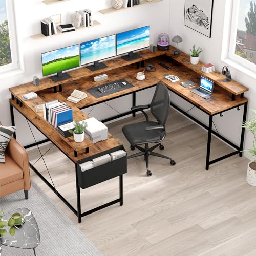 Jojoka U Shaped Computer Gaming Desk, Reversible L Shaped Desk with Power Outlets, LED Strip & Monitor Stand, Large Corner Desk with Storage Shelves for Home Office, Rustic Brown - color: Rustic Brown