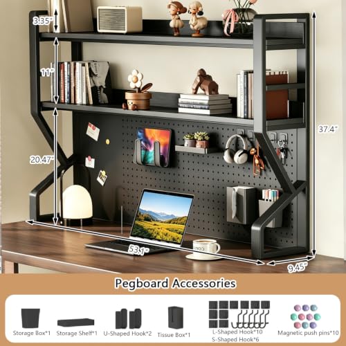 Desk Shelf, 53.1" L 2-Tier Desktop Organizer Desk Hutch Storage Rack with Hole Plate Multi-Functional Workstation Organizer Bookcase Computer Desk for Home Office Dorm Top of Desk - color: Black, size: 53.1" Lx9.9" Wx39" H