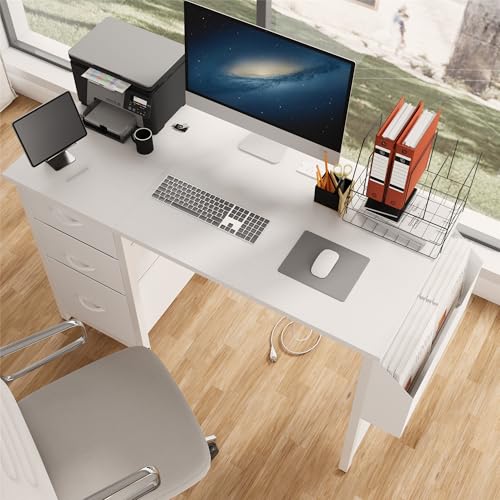 Computer Desk Workstation Tabletop Charging Station 2 Outlets USB Type-C,Reversible Drawer Cabinet Organizer,Foldable Fabric Bins,Side Pocket Holder,Metal X-Frame Stability,Adjustable Feet (White)