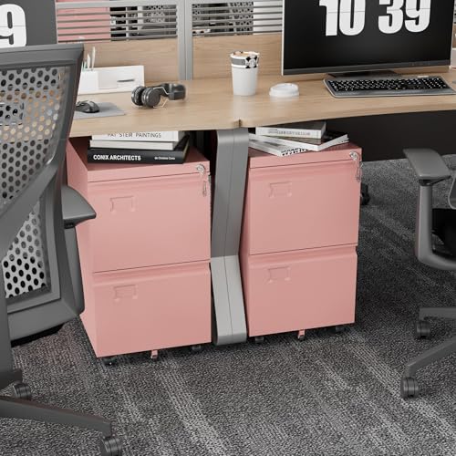 METAN Pink 2-Drawer Metal File Cabinet with Lock and Wheels | Mobile under-desk storage for Letter and Legal files with 5 casters, anti-tip support, secure lock, and required assembly. - color: Pink, size: 2 Drawer-Vertical