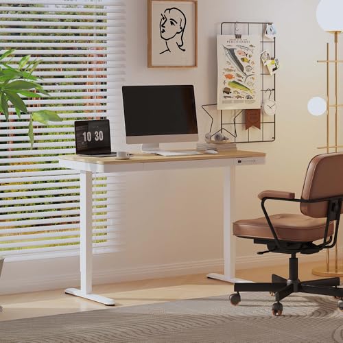 FLEXISPOT 48" Electric Standing Desk with Drawers, USB Charging Ports, Quick Assembly, Height Adjustable Sit Stand Desk with Child Lock for Natural Home Office, Bamboo Finish Top/White Legs - color: Natural/White, size: 48x24"