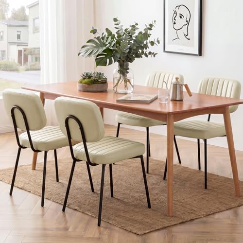OLIXIS Dining Chairs Set of 4, Upholstered Kitchen Chairs, Beige White | Faux Leather Comfortable Cushion Seat, Metal Legs with Backrest, Mid-Century Modern, Easy Assembly, Dining Room Home - color: Beige White, size: 4 PCS