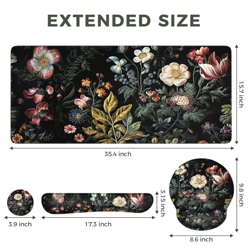 iCasso Desk Cover Mat, 4in1 Floral Large Mouse Pad with Wrist Rest, Desk Matt for Desktop, Anti-Slip XXL Big Computer Ergonomic Mousepad with Wrist Support for Keyboard and Mouse (Elegant Flowers) - color: Elegant-Flowers