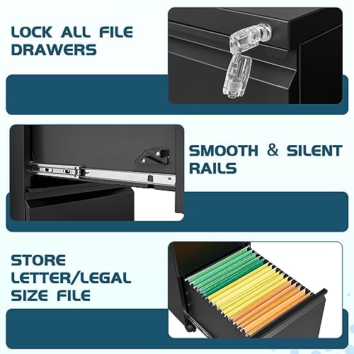 MIIIKO 2 Drawer File Cabinet on Wheels, Home Office Mobile Under Desk with Lock, Vertical Files Drawers for Legal/Letter/A4,Fully Assembled - color: Black, size: 2 Drawer-14.57"W -Mobile-b