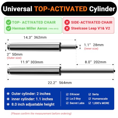 14-22 Inches Extra Long Office Chair Cylinder, TOP-Activated - color: Polished Steel, size: 8‘’ Height Range