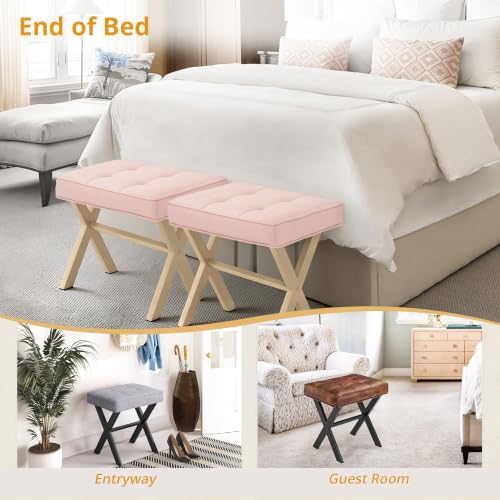 LUE BONA Vanity Stool, Square Linen Makeup Stool with Metal X Legs, Small Ottoman Stool Chair for Vanity, Modern Padded Vanity Seat Foot Rest Stool for Makeup Room, Bathroom, Pink Color - color: Pink