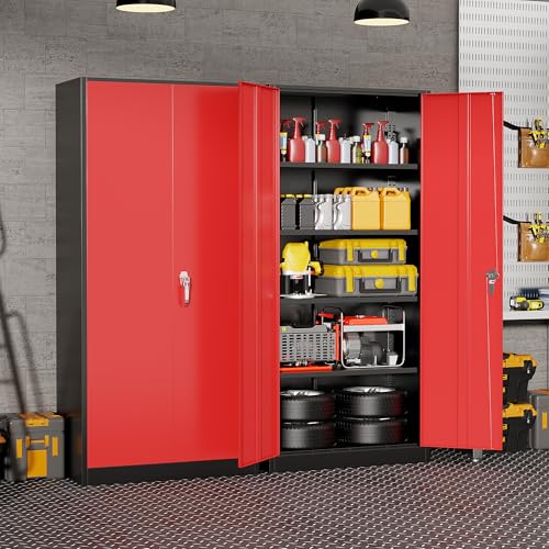 Bonusall 72" Metal Garage Storage Cabinet, Heavy-Duty Steel Cabinet with 2 Locking Doors & 5 Adjustable Shelves for Home - color: Black&red, size: MSC-72-D18
