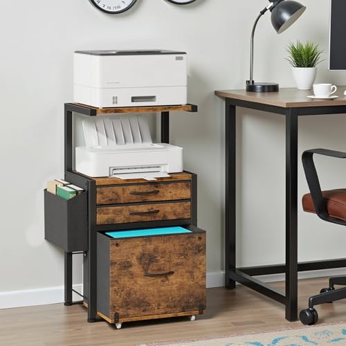 3-Drawer File Cabinet, Rustic Brown,16.5" W | Side Bag & File Drawer, A4/Letter Size Compatible, Vertical Printer Table, Storage for Home Office