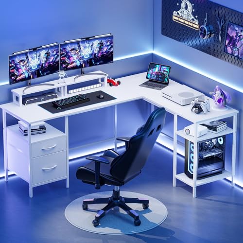 L Shaped Gaming Desk with Power Outlet & 2 Monitor Stands, Computer Desk with Drawer & Adjustable Storage Shelves, Large Corner Desks for Home Office, White