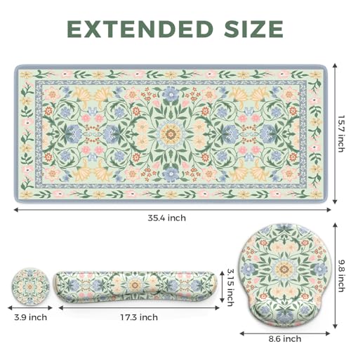 iCasso Desk Cover Mat, Gaming Mouse Pad Wrist Support Set,4in1 XXL Large Mousepad + Keyboard Wrist Rest+Mouse Wrist Rest+Coaster Set with Ergonomic Design for Home Office Table Computer(Green Flowers) - color: Green Flowers