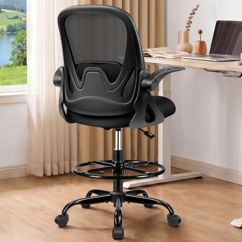 Drafting Chair Tall Office Chair with Flip-up Armrests, Adjustable Height, and Enhanced Lumbar Support - Ergonomic Rolling Stool, Back Support, and Adjustable Foot Rest Ring for Standing Desk Black - color: Black, size: 934W-Z