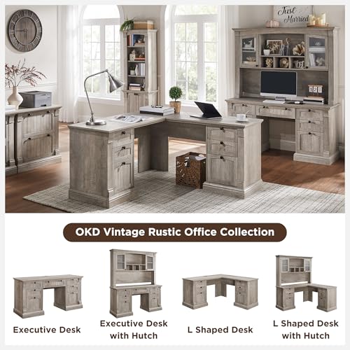 OKD 60" L Shaped Executive Desk, Farmhouse Desk with Drawers, Gray Oak - color: Light Rustic Oak
