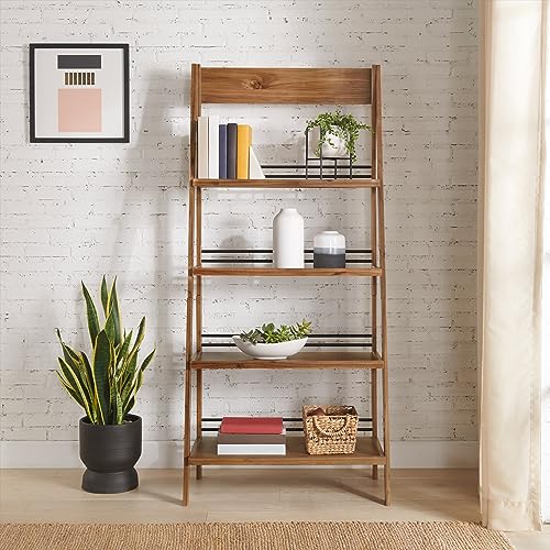 4-Tier Ladder Bookshelf - Freestanding Bookcase with Bar Back Frame - Shelves for Living Room, Kitchen, Bedroom, and Office by Lavish Home (Walnut)