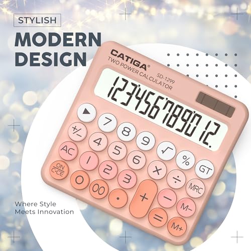 CATIGA Mechanical Switch Calculator with Solar and Battery Dual Power, 12-Digit Large LCD Display, Aesthetic and Cute Desktop Calculator with Big Button, for Home, School and Office Use, SD-1299 - color: Z) Peach