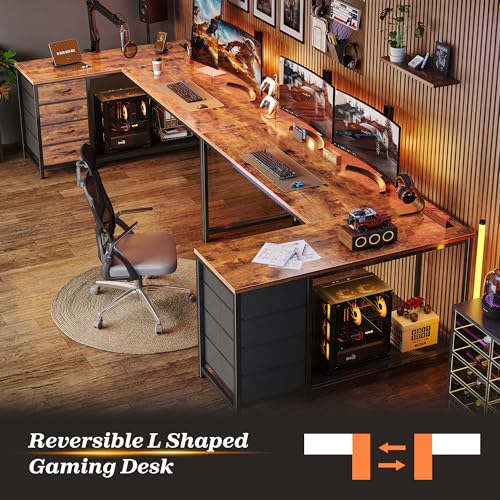 PRAISUN 61" L Shaped Desk with Power Outlets & 4 Drawers - color: Rustic Brown, size: 61 Inch