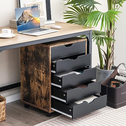 5 Drawer File Cabinet, 26.5" Vertical Filling Cabinet for Home Office, Under Desk Office Drawer Organizer, Universal & Lockable Casters, Rolling Printer Storage Rack - color: Rustic Brown, size: 19” x 16” x 26”