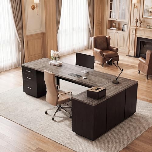 Tribesigns 85.8-Inch L-Shaped Executive Desk, Grey & Black - color: Grey & Black