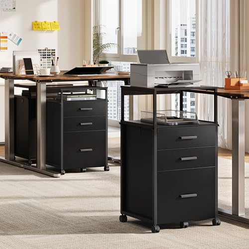 DEVAISE 3 Drawer Vertical File Cabinet | Rolling Wooden Filing Cabinet Mobile Printer Stand for Home Office, 15.7" D x 17.7" W x 40.3" H - color: Black, size: 15.7"D X 17.7"W X 40.3"H (Adjustable)