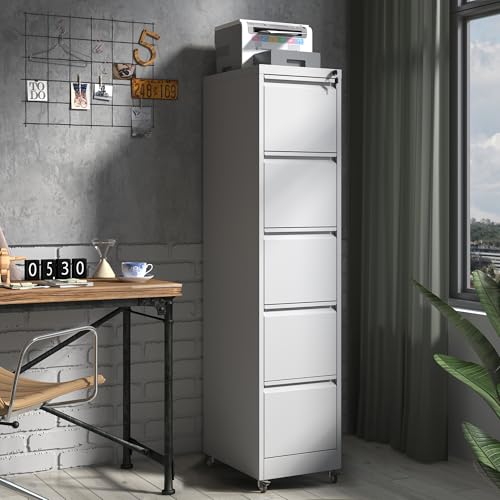 IKIMI 5 Drawer Locking File Cabinet with Wheels,Metal Mobile Filing Cabinet - color: White, size: 5 Drawers with Wheels