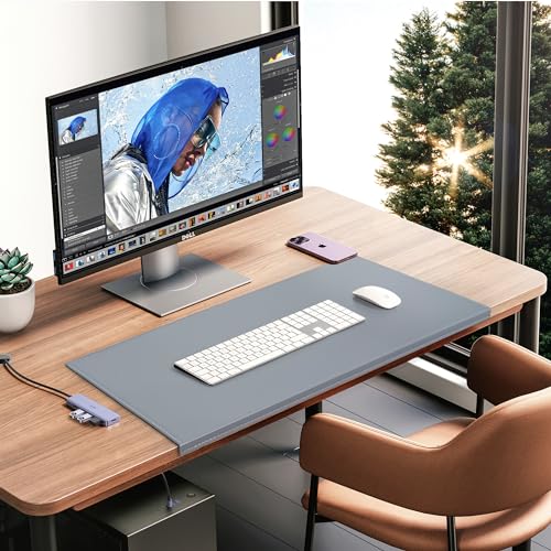 AKOZLIN 27.55”x 15.8" Soft PU Leather Surface Office Desk Mouse Mat Anti-Push Pad with Full Grip Fixation Lip Table Blotter Edge-Locked Protector Grey - color: Grey, size: 27.6" x 27.6"