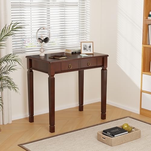 Cherry Walnut Writing Desks with Drawers, 31.5" Mid-Century Modern Computer Desk for Home Office, Secretary Desk for Living Room Study or Workspace, Easy Assembly Vanity Desk, SSZD1258 - size: 35.1"
