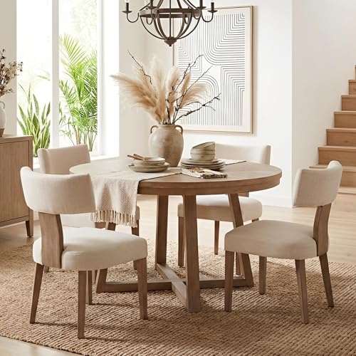 HNY Mid Century Modern Dining Chairs Set of 2, Upholstered Linen Kitchen & Dining Room Chairs with Ergonomic Curved Backrest, Solid Wood Legs, Farmhouse Accent Chair for Home, Apartment, Beige - color: Beige Curved