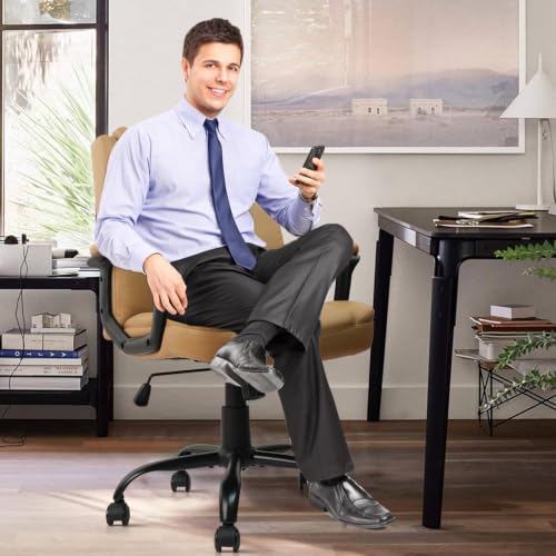 CLATINA Brown Office Computer Chair PU Leather Executive Office Chair Swivel Adjustable Height Chairs with Upholstery Fixed armrest Mid-Back Leather Thick Cushion Office Chairs Brown 2Pack - color: Brown_1, size: 2 Pack